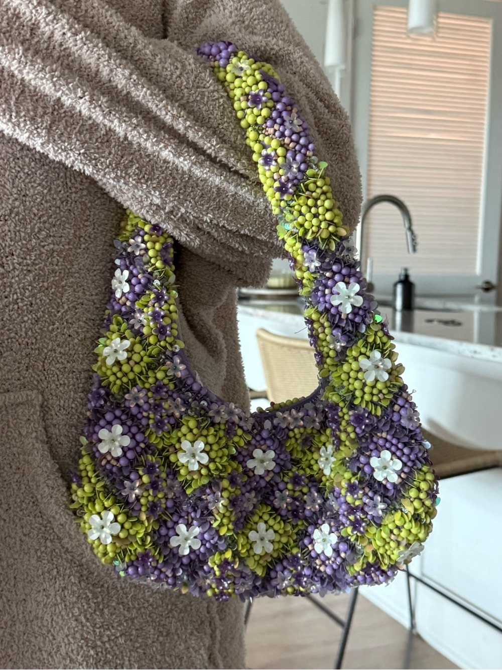 Zara Handmade Beaded Floral Shoulder Bag in Lime & Lavender